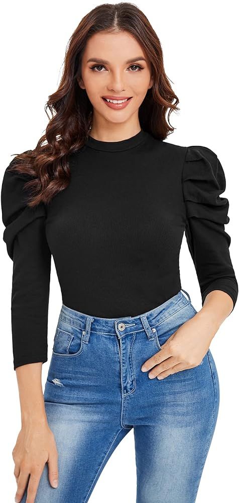 SheIn Women's Elegant Puff Sleeve Mock Neck Fitted Solid Blouse Tee Top | Amazon (US)