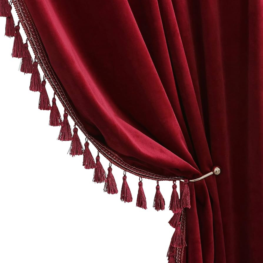 Burgundy Boho Tassels Soft Luxury Room Darkening Velvet Window Curtain Panels for Living Room Bed... | Amazon (US)
