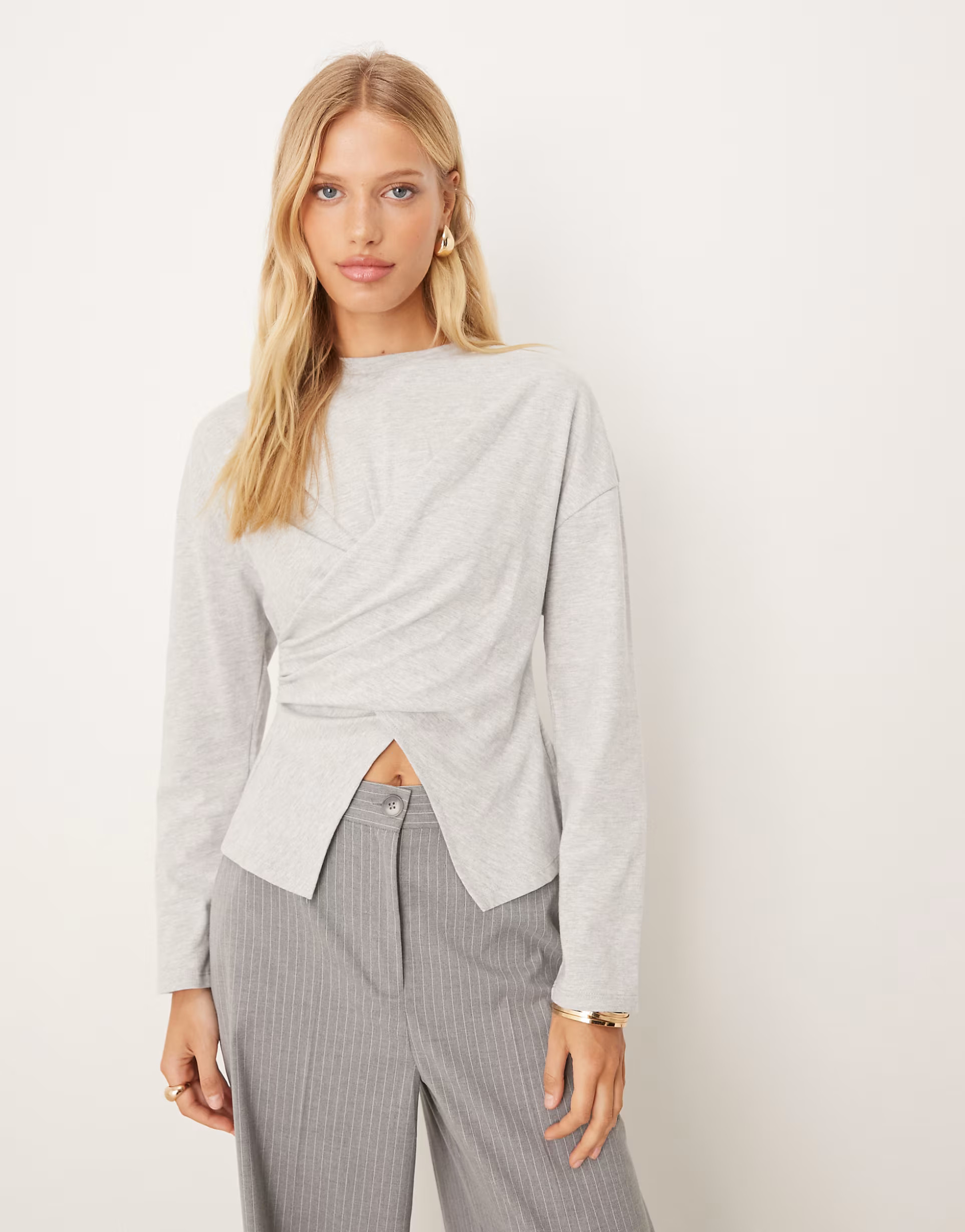 ASOS DESIGN long sleeve wrap t-shirt in grey marl | ASOS | ASOS (Global)
