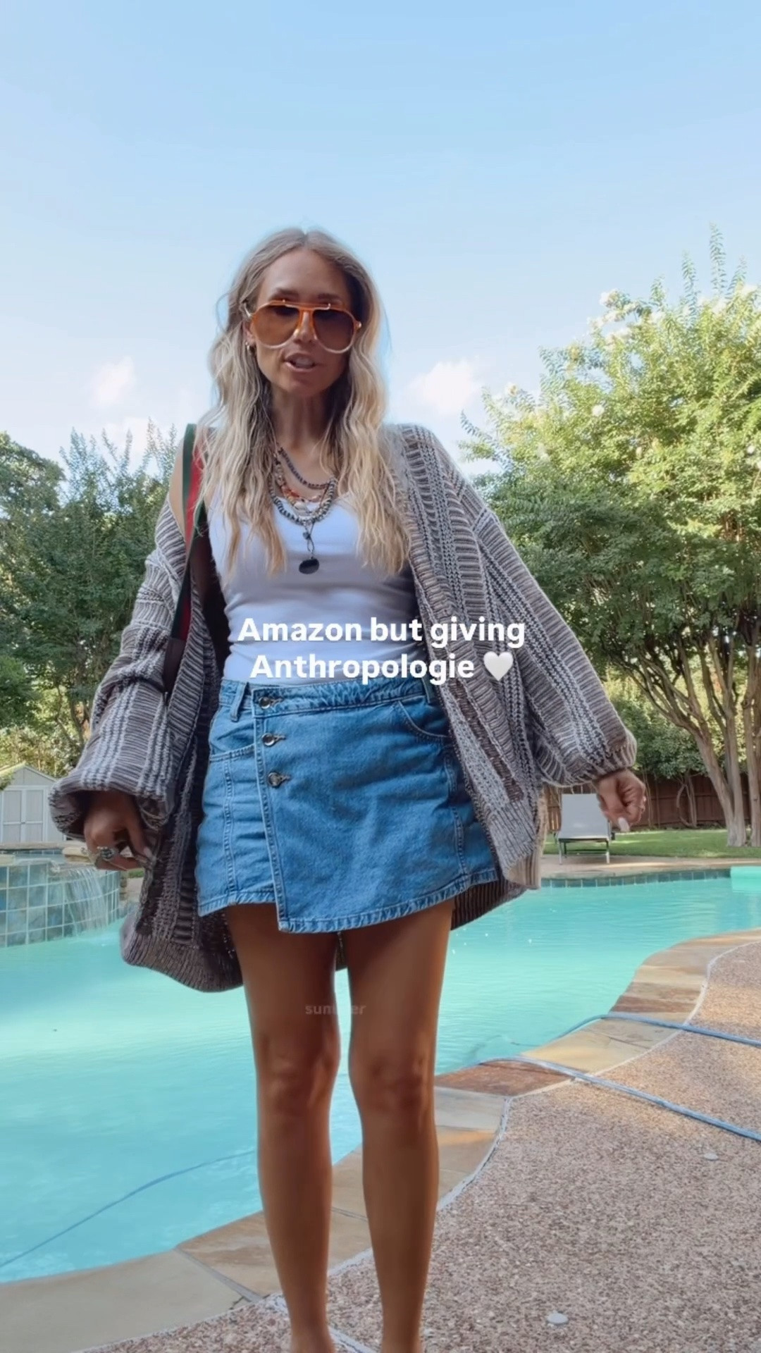 OOTD Featuring my FAVORITE chunky knit cardi that’s from Amazon but it’s giving ANTHRO! 

Cardi: S / TTS 
Denim Skort: M / Went up 1 size

5’5” / 120ish lbs