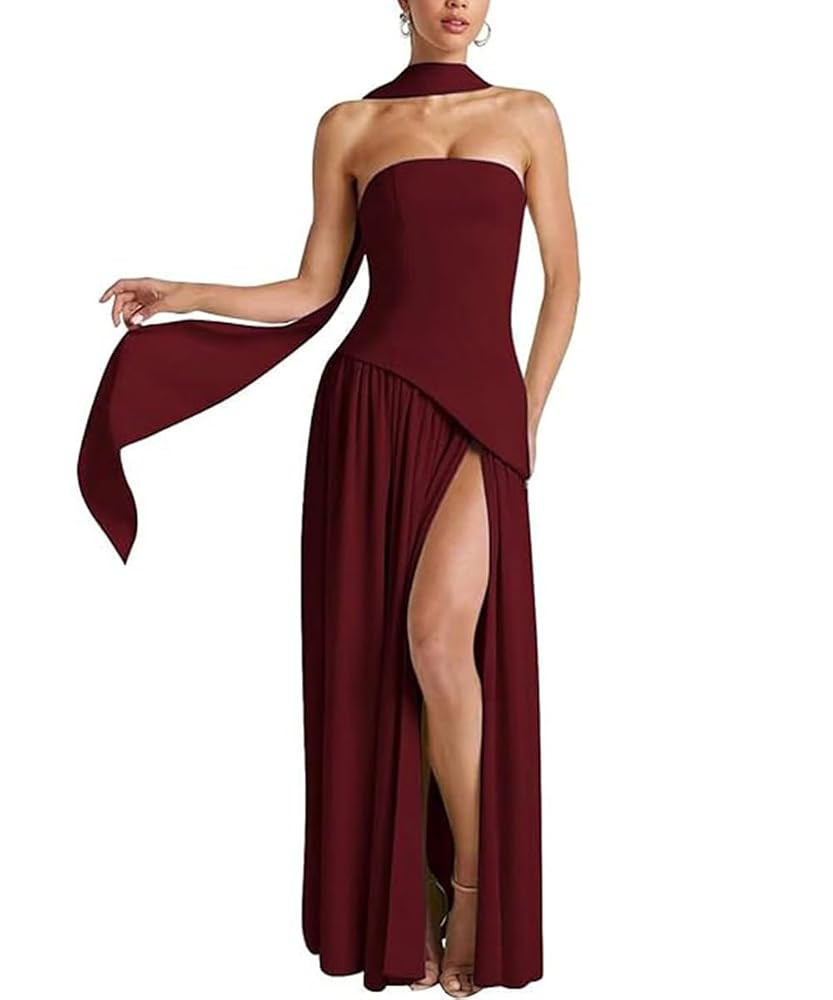 Women Strapless Patchwork Maxi Dress Sexy High Slit Tube Top Party Club with Scarf Long Prom Wedd... | Amazon (US)