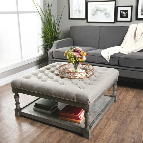 Creston Beige Linen Tufted Cocktail Ottoman | Bed Bath & Beyond