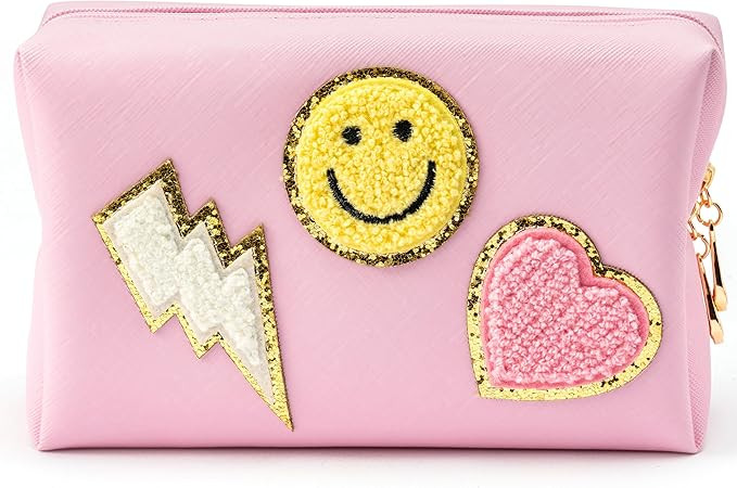 LieToi Preppy Patch Small Toiletry Bag Smile Lightning Heart PU Leather Portable Waterproof Makeu... | Amazon (US)