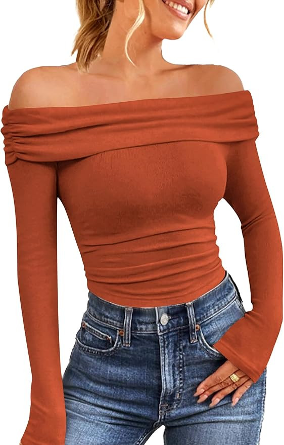 HOTOUCH Women Off Shoulder Tops Long Sleeves Casual Dressy Blouses Y2K Clothes Trendy Slim Fit Se... | Amazon (US)