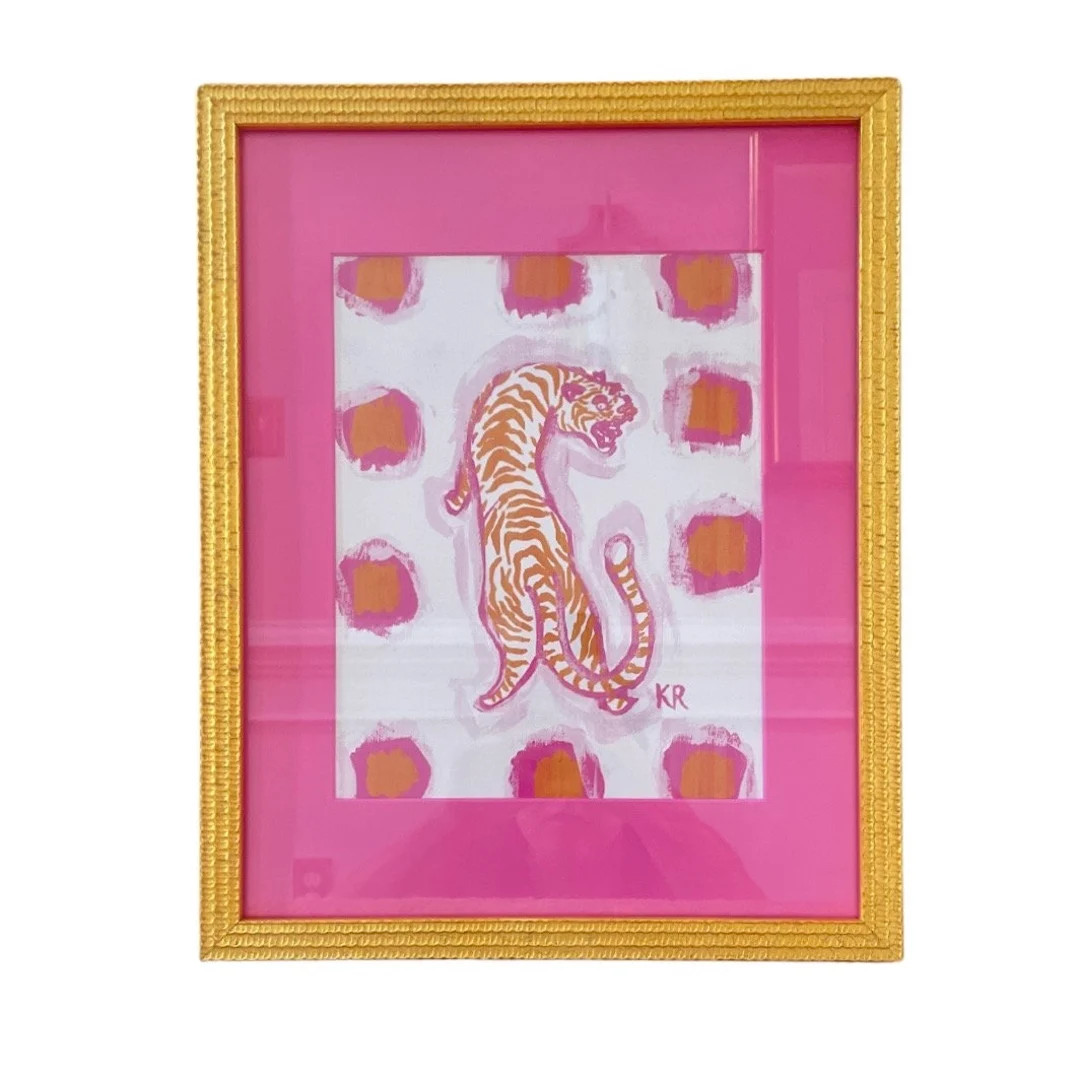 Framed Chinoiserie Pink and Orange Tiger with Pink Mat Print | Etsy (US)