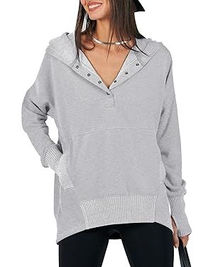 ANRABESS Women Casual Button V Neck Hoodies Oversized Pullover Sweatshirt Hooded Sweater Tops wit... | Amazon (US)