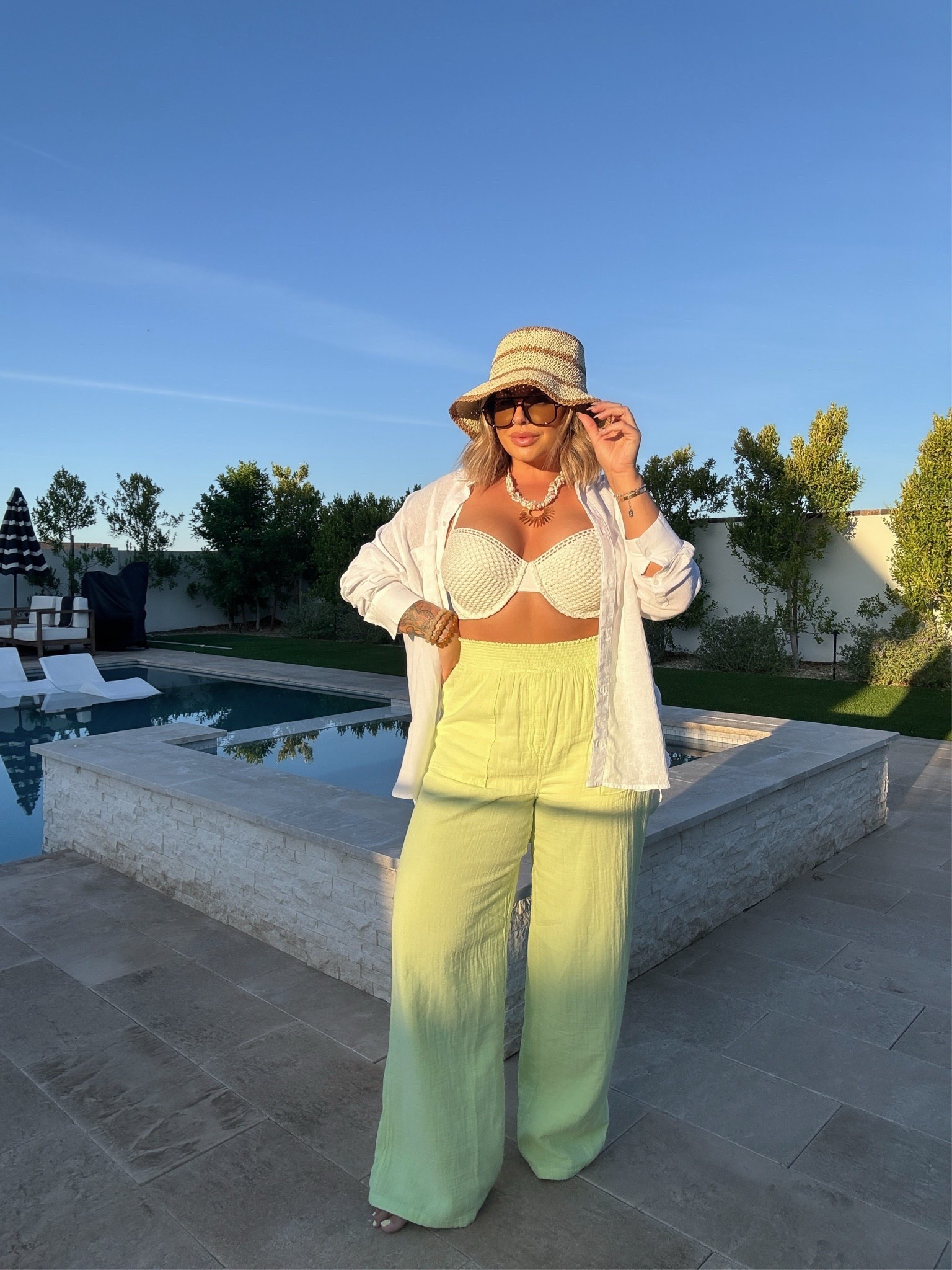 Size xl in pants and linen top 
38DD swim top and xl swim bottoms 
Pants run long I’m 5’5 and standing on tippy toes in this photo they def would be good for taller girls. Pants are also doubled lined so you can’t see through them. 
#swim #summer #midsize #vacation 

Follow my shop @shaynaslife on the @shop.LTK app to shop this post and get my exclusive app-only content!

#liketkit 
@shop.ltk
https://liketk.it/5bGz7

#LTKFindsUnder50 #LTKSaleAlert #LTKMidsize