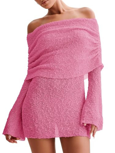 Imily Bela Womens Beach Swimsuit Cover Ups Summer Off The Shoulder Long Bell Sleeve Sheer Mini Dress Pink | Amazon (US)