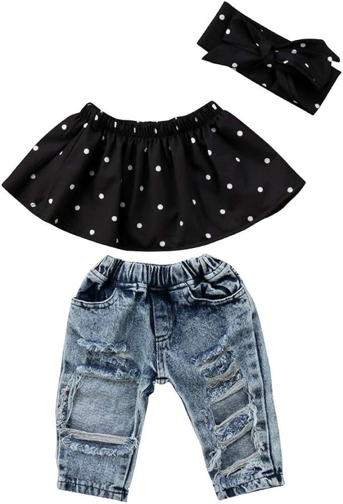 3PCS Toddler Baby Girl Summer Clothes Polka Dot Off Shoulder Tube Top+Ripped Jeans+Bowtie Pants O... | Amazon (US)