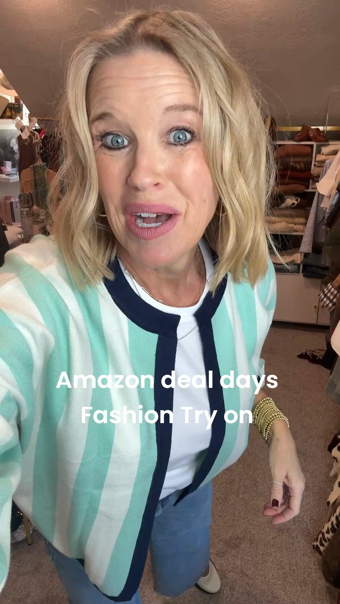 Amazon deal days
Fashion finds 

Cardigan 
Tts med several colors 

The classic tee made in California

Under $35 jeans 
Wide leg tts in med 
Cross button 

Gold beaded braclet set under $13 
Wearing two sets 

loafers on sale