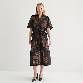 Sandra Darren Womens Short Sleeve Floral Midi Fit + Flare Dress | JCPenney
