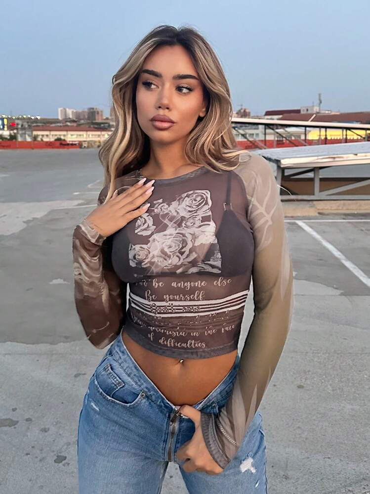 SHEIN ICON Floral & Slogan Graphic Crop Mesh Top Without Bra Don't Be Anyone Else Be Yourself Remain Curious In The Face Of Difficulties | SHEIN