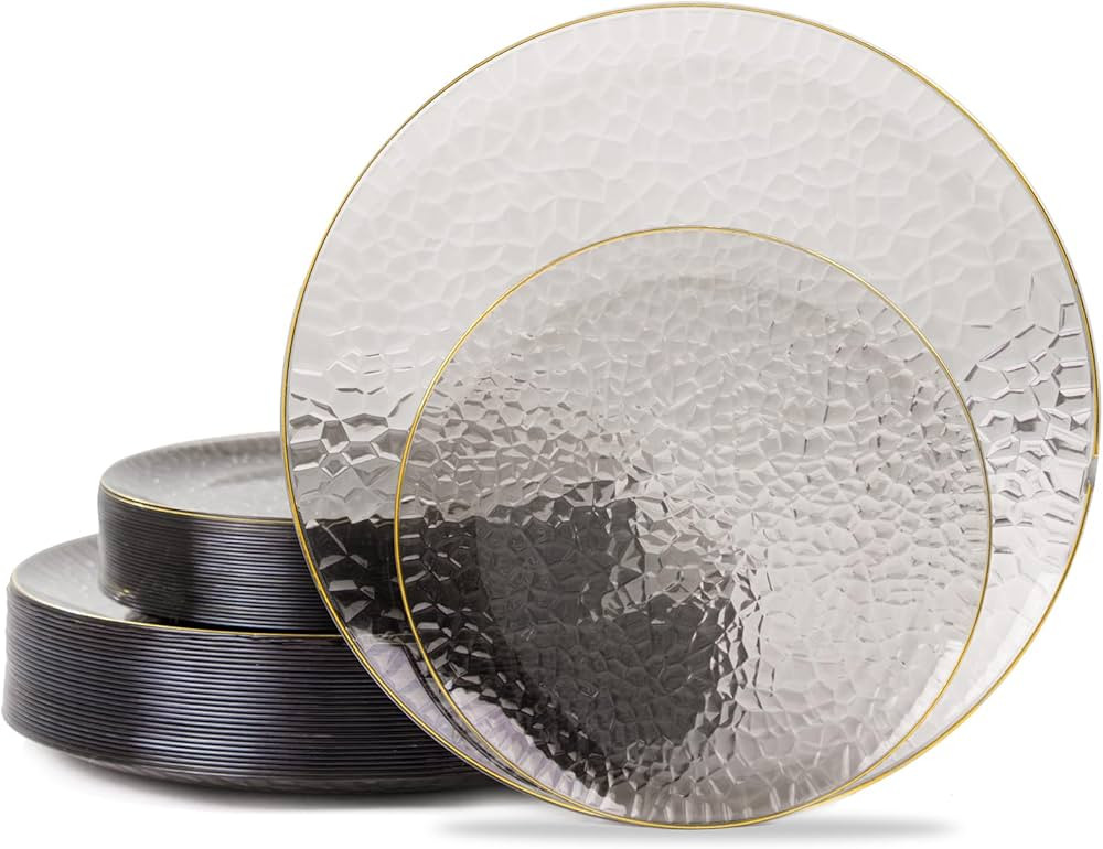 Hioasis 60pcs Black and Gold Plastic Plates - Hammered Disposable Plates,Black Plates Disposable ... | Amazon (US)