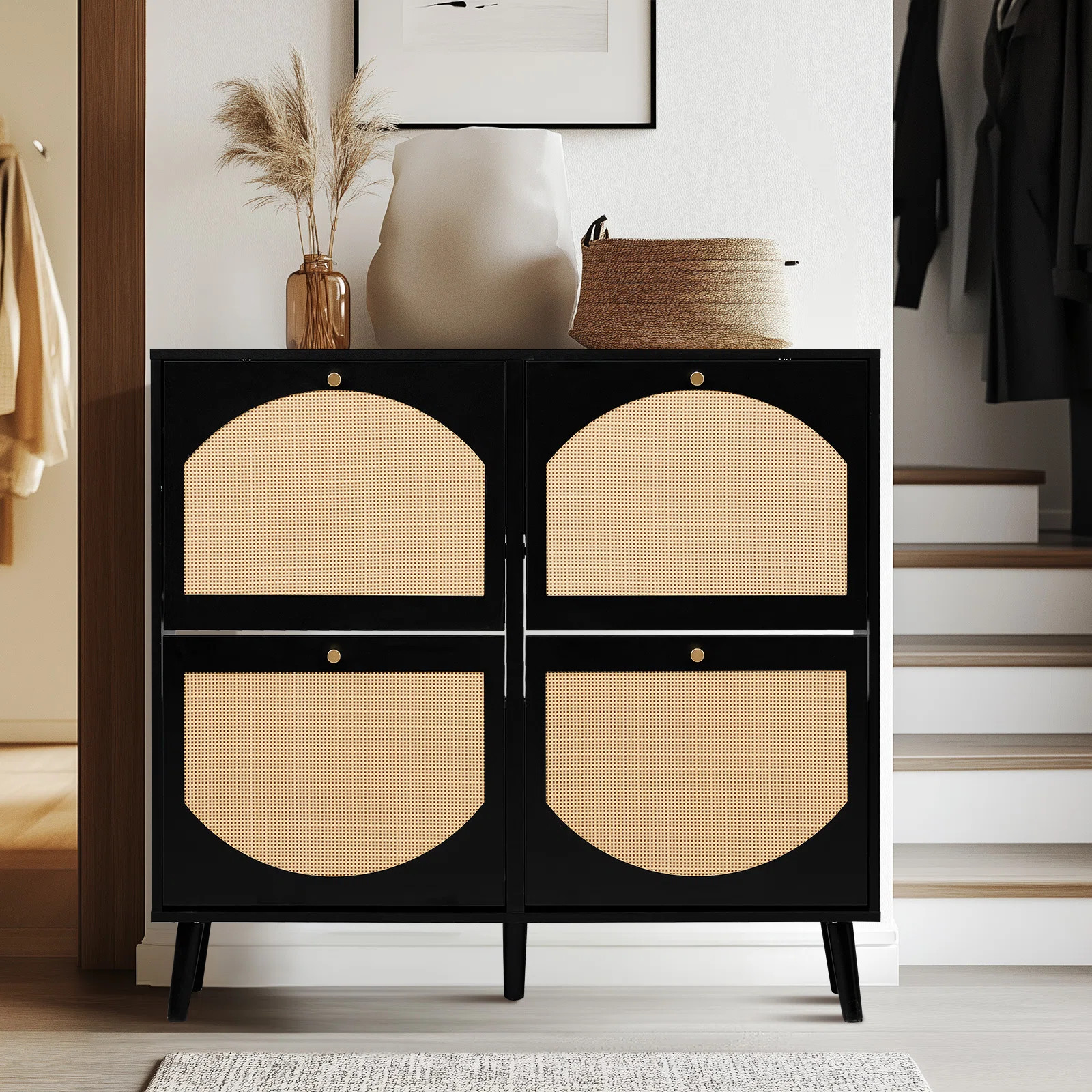 Bostynn 4 Flip Drawers Rattan Shoe Cabinet Shoe Storage Organizer Unit | Wayfair North America