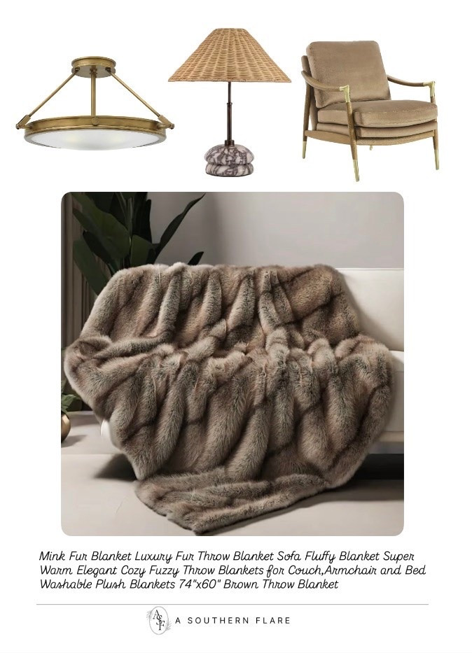 luxurious mink fur blanket. Stay warm and stylish all season long. #HomeComfort #LuxuryLiving Accent Chair/ lighting/ Home Accessories