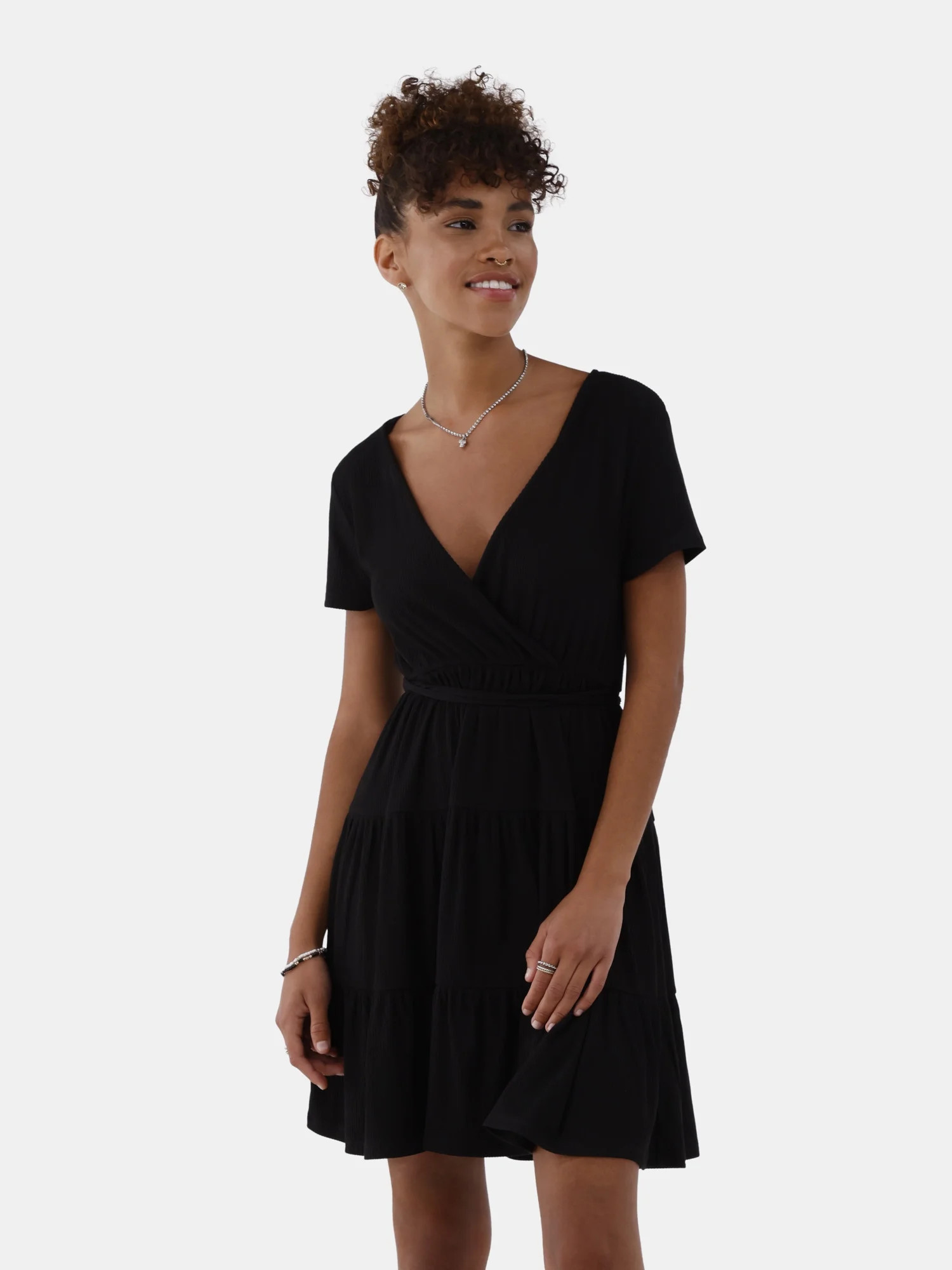 No Boundaries Ribbed Surplice Babydoll Dress, Women’s and Women’s Plus | Walmart (US)