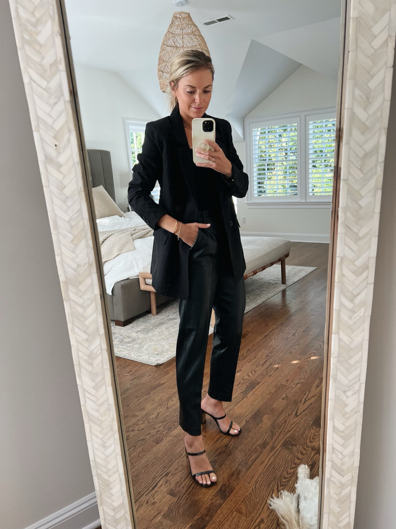 •Black double breasted jacket  (size 2) take 25% off with code FCFF25
•faux leather pants (wearing a 4, need a 2) 
•black tank bodysuit (small) 
•Amazon heels under $50 (tts)

Workwear, fall event outfit, date night 

#LTKstyletip #LTKunder100 #LTKSeasonal
