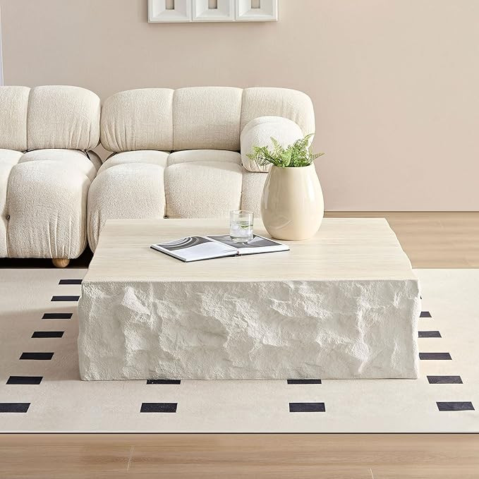 KEIKI 35" Fiberglass Square Coffee Table with Round Edge Design, Modern Style Imitation Stone Cen... | Amazon (US)