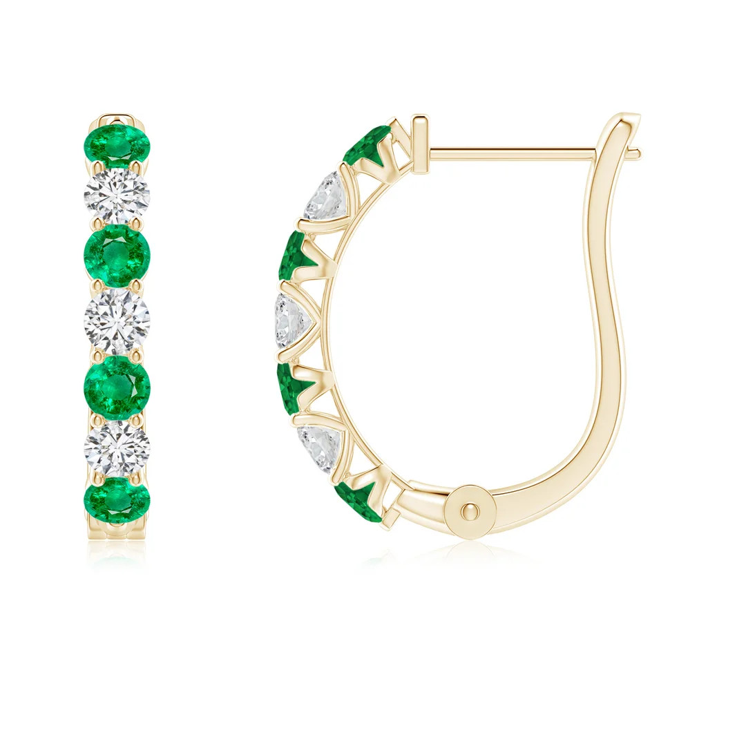 Prong-Set Emerald and Diamond Huggie Hoop Earrings | Angara Inc.