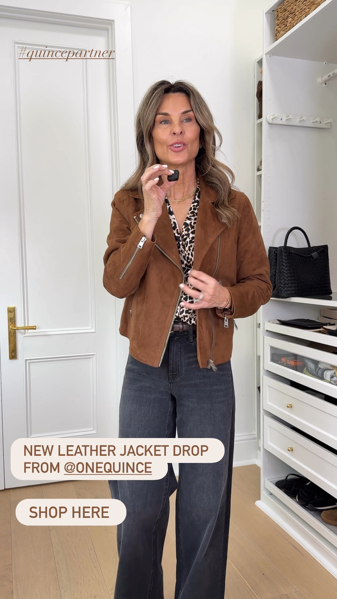 Quince suede biker jacket! I’m wearing a size S. The jacket runs TTS 
-The cashmere dress is XS
-Cashmere t-shirt size S
-Crepe pants TTS I’m 5’6”
-Jeans I’d size up one size for comfort!
-Leopard silk top is a S
#QuincePartner #liketkit @shopltk @onequince


#LTKFindsUnder100 #LTKWorkwear #LTKOver40