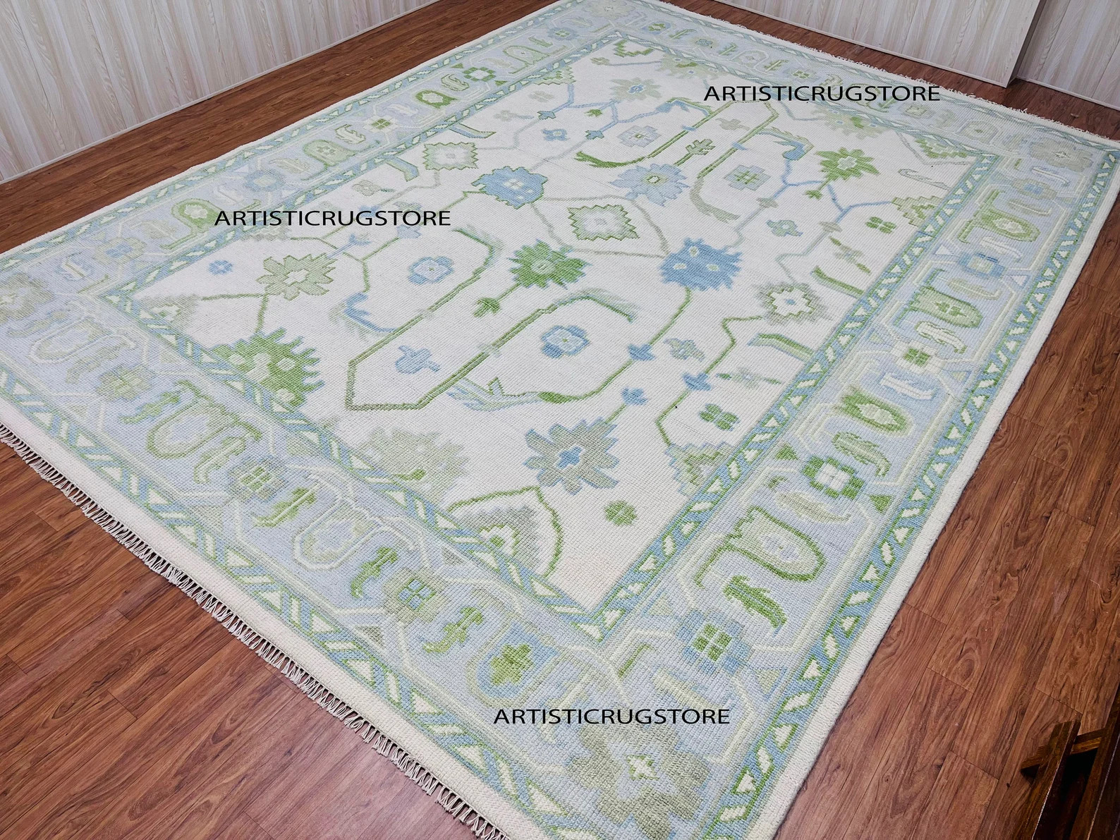 9x12 Handmade Modern Oushak Rug with Sea Blue Border Light green Blue Accent Modern Rug | Living ... | Etsy (US)