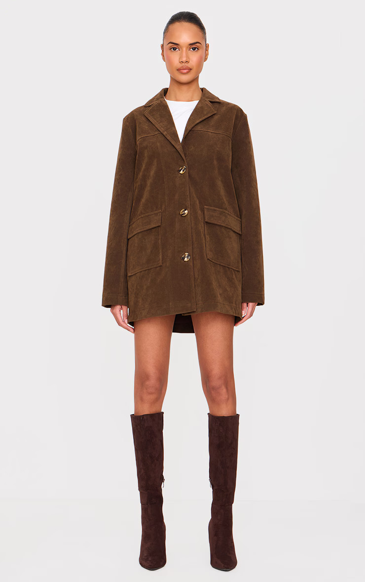 Dark Brown Oversized Longline Faux Suede Blazer Coat | PrettyLittleThing US