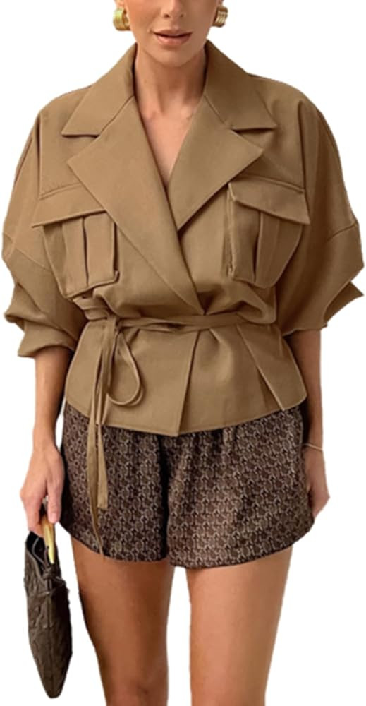 Cropped Trench Coat for Women Long Sleeve Lapel Short Trench Coats for Women 2025 | Amazon (US)