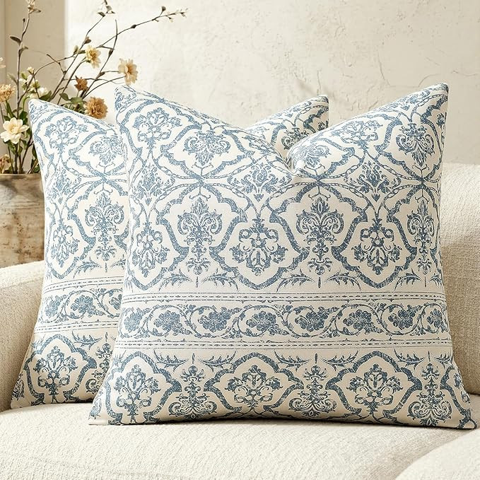 Blue Vintage Floral Pillow Covers: 18x18 Decorative Rustic Patterned Throw Pillows - Farmhouse Bo... | Amazon (US)