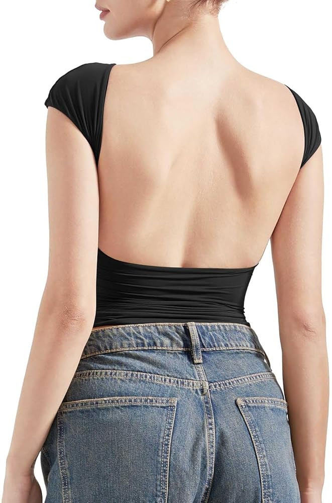 SUUKSESS Women Backless Sexy Going Out Tops Double Lined Open Back Y2k Basic Tee Shirts | Amazon (US)