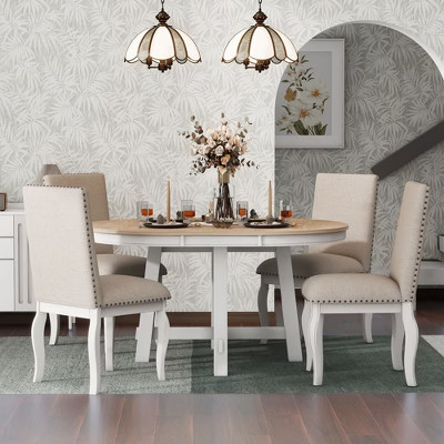 Farmhouse Wood Round Extendable Dining Table and 4 Upholstered Chairs, Oak Natural Wood + Antique White | Target