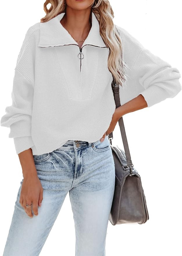 Hotouch Women's Soft Lantern Sleeve Pullover Sweater 1/4 Zipper Lapel Collar Knit Top Casual Drop... | Amazon (US)