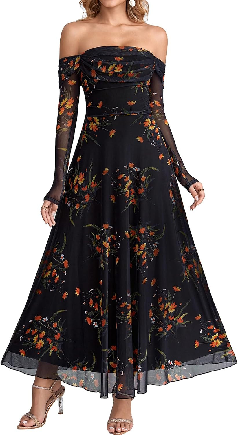 Women's Off Shoulder Long Sleeve Formal Wedding Guest Maxi Dresses | Amazon (US)