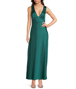 Midnight Doll Satin V-Neck Sleeveless Back Drape Dress | Dillard's | Dillard's