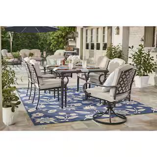 Laurel Oaks 7-Piece Black Steel Outdoor Patio Dining Set with CushionGuard Putty Tan Cushions | The Home Depot