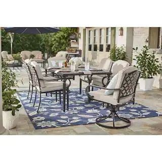 Laurel Oaks 7-Piece Black Steel Outdoor Patio Dining Set with CushionGuard Putty Tan Cushions | The Home Depot