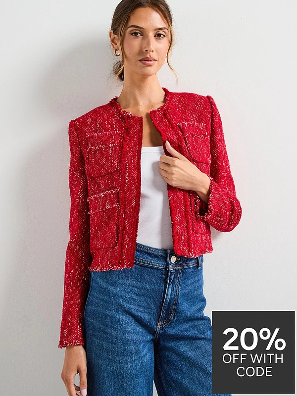 Mango Tweed Jacket With Frayed Ends - Red | Very (UK)