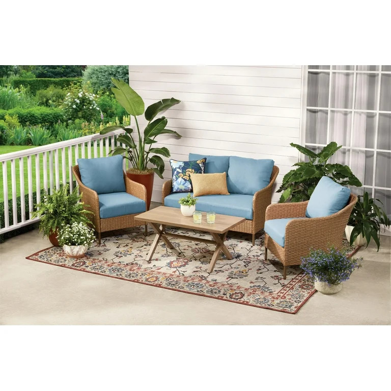 Mainstays Chelsea Outdoor Patio Steel 4-Pieces Deeping Seating Set with Blue Cushions | Walmart (US)