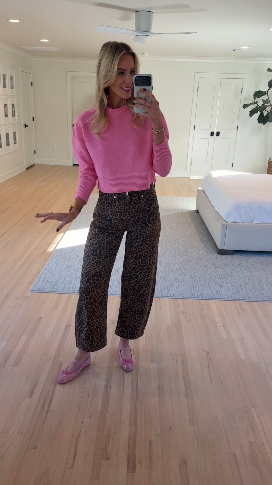 Leopard barrel leg jeans and pink sweater - favorite look recently! Linking exact gap barrel leg jeans and similar sweater options  