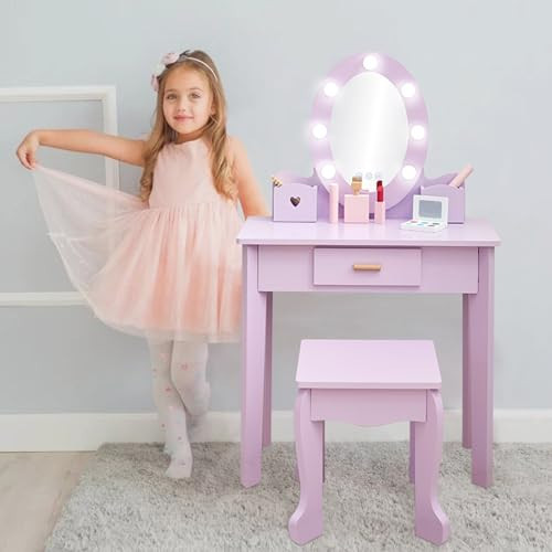 GarveeHome Kids Vanity with Lighted Mirror, Toddler Vanity Table and Chair Set, Girls Makeup Playset, Purple | Amazon (US)