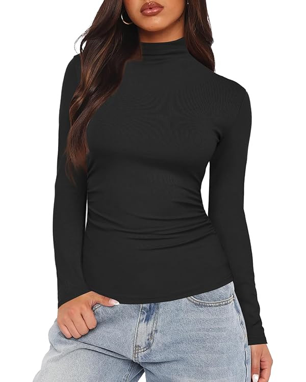 Darong Women Mock Turtle Neck Long Sleeve T Shirt Casual Slim Fitted Ruched Going Out Top | Amazon (US)