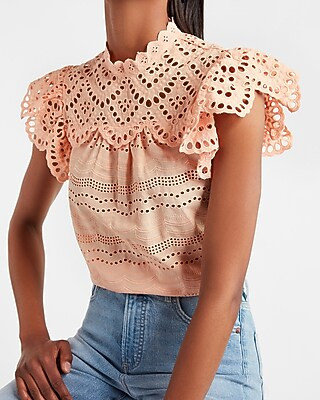Eyelet Lace Mock Neck Top | Express