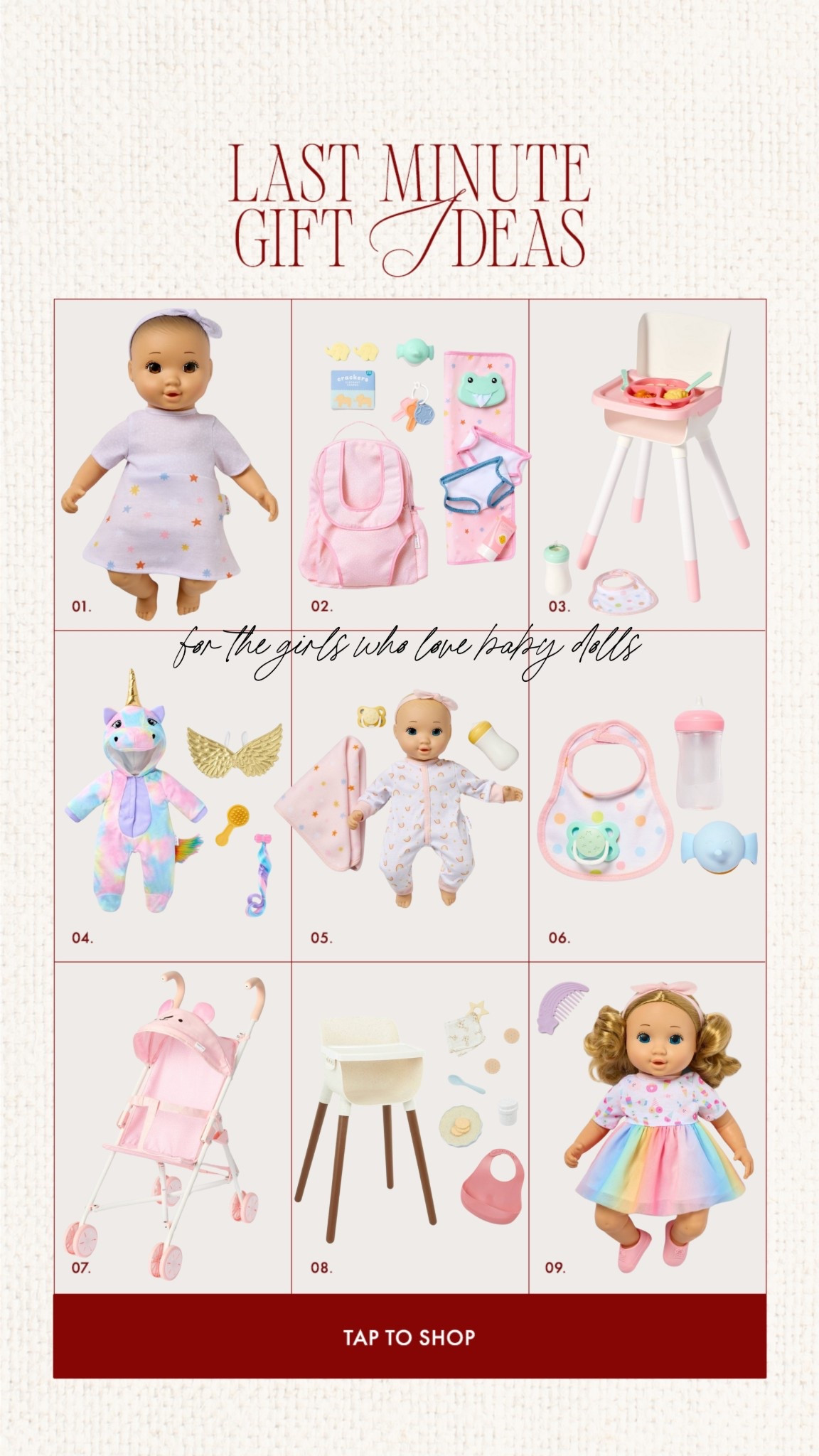 Last minute gift ideas: for the girls who love pretend play!! This line of baby & accessories is so cute and affordable. Available for same day pick-up or delivery!!!💖💖

Target finds, gigglescape baby dolls, gigglescape toys, target toys, gift ideas, gift guides 

#LTKHoliday #LTKGiftGuide #LTKKids