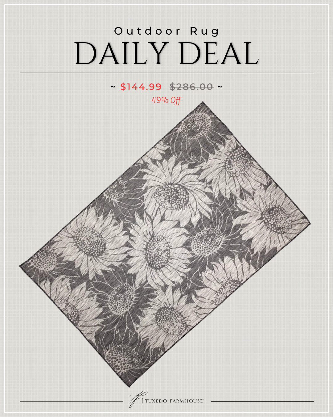 This area rug features an oversized sunflower design. The material is flatwoven, fade-resistant, durable, and ideal for those high traffic areas such as your patio and living room making this the perfect indoor or outdoor rug. A fresh take on traditional area rugs, patterns range from tropical, coastal, contemporary, and classic to seamlessly tie together the design of your home. Limiting exposure to rain, moisture, and direct sun will prolong rug life. 

 #LTKSeasonal #LTKHome #LTKSaleAlert