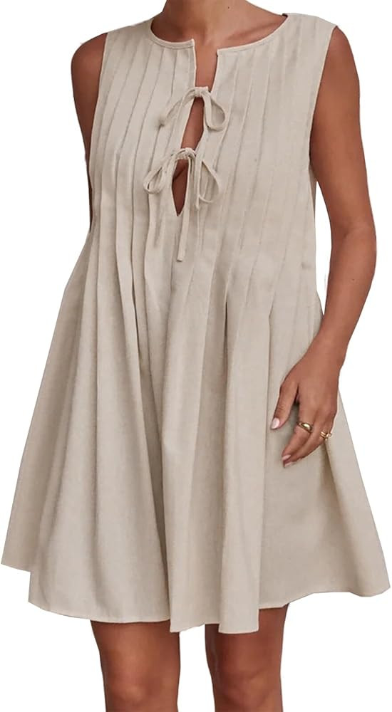 Womens Summer Sleeveless Pleated Dress Tie Front Loose Casual Short Sun Dresses | Amazon (US)