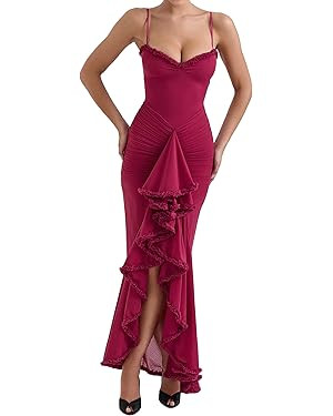 Women's Sexy V Neck Mesh Dress Backless Spaghetti Strap Long Dress Elegant Slim Fit Ruffle Hem Ma... | Amazon (US)