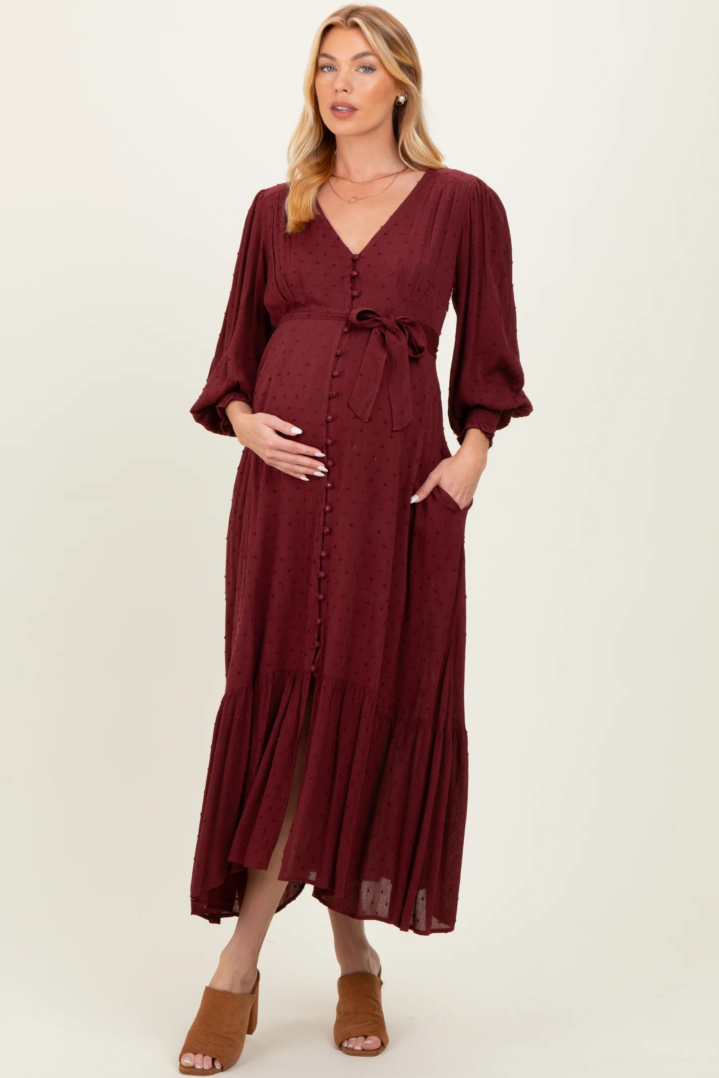 Burgundy Swiss Dot Button Down Maternity Maxi Dress | PinkBlush Maternity