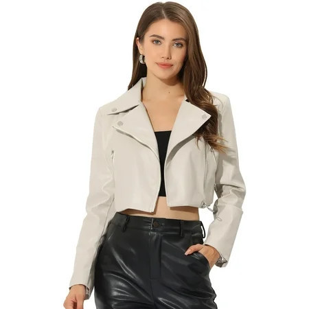 DARING DIVA Women s PU Long Sleeve Zipper Cropped Biker Jacket S Beige | Walmart (US)