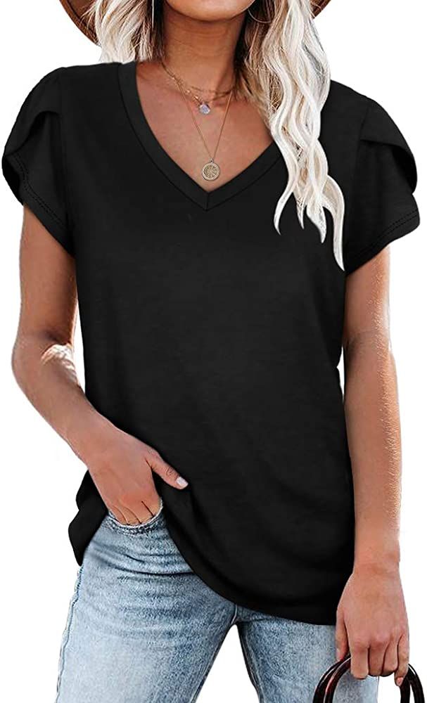 Amazon.com: WIHOLL Tshirts for Women Short Sleeve V Neck Pleated Tops Black L : Clothing, Shoes & Je | Amazon (US)