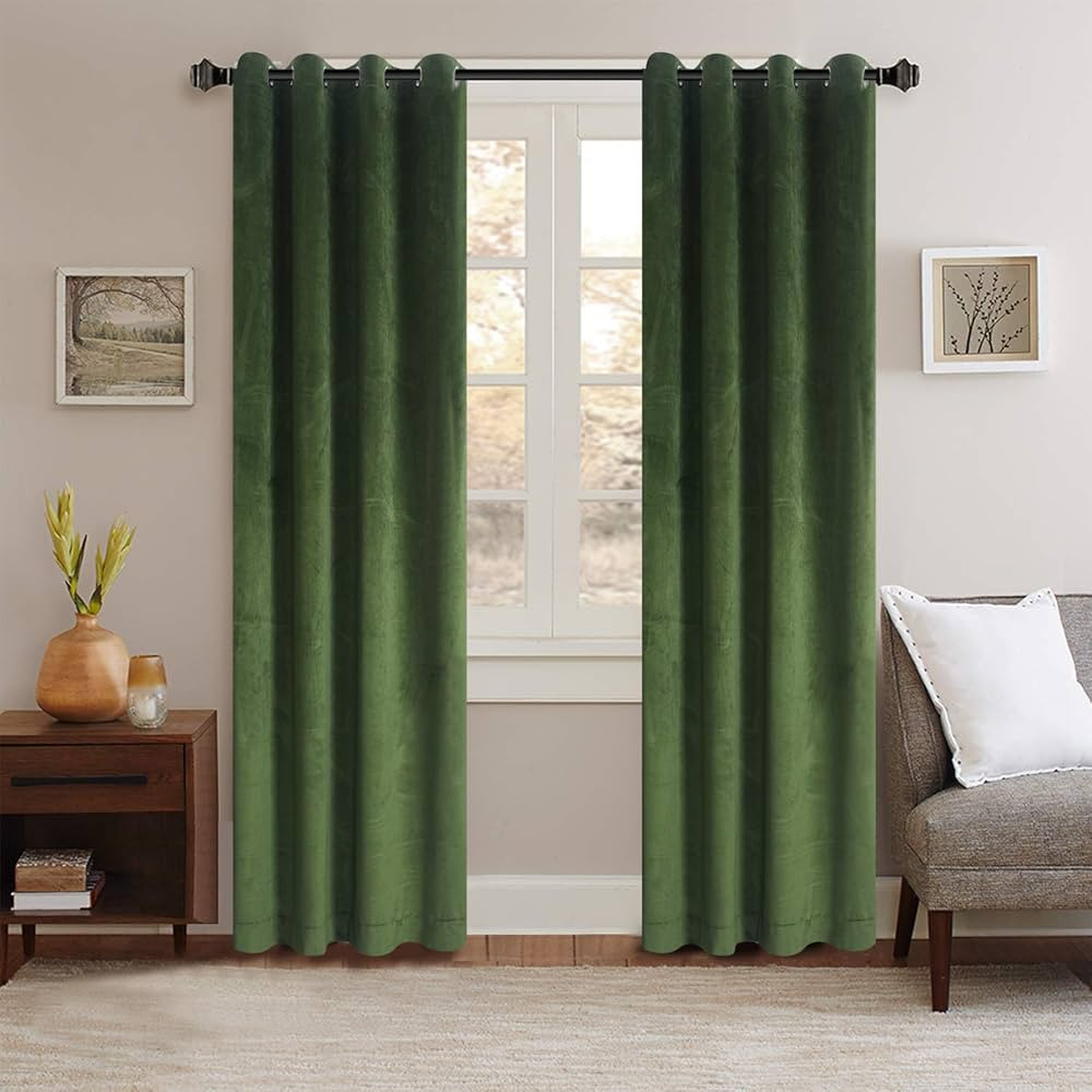Classic Velvet Mossy Green Set of 2 Black Insulated Solid Grommet Drapes Room Darkening Curtains ... | Amazon (US)
