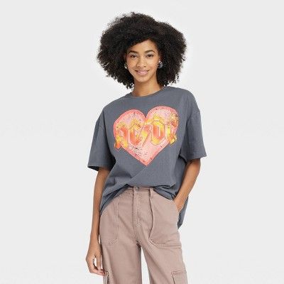 Women's ACDC Heart Oversized Short Sleeve Graphic T-Shirt - Gray | Target
